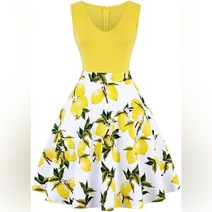 Yellow Lemon Print Sleeveless Dress with Tulip Style Skirt